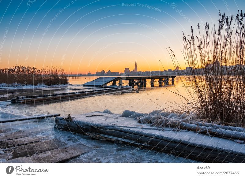 View over the Warnow to Rostock in winter Vacation & Travel Tourism Winter House (Residential Structure) Nature Landscape Water Climate Weather River Town