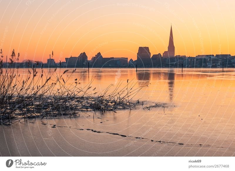 View over the Warnow to Rostock in winter Vacation & Travel Tourism Winter House (Residential Structure) Nature Landscape Water Climate Weather River Town