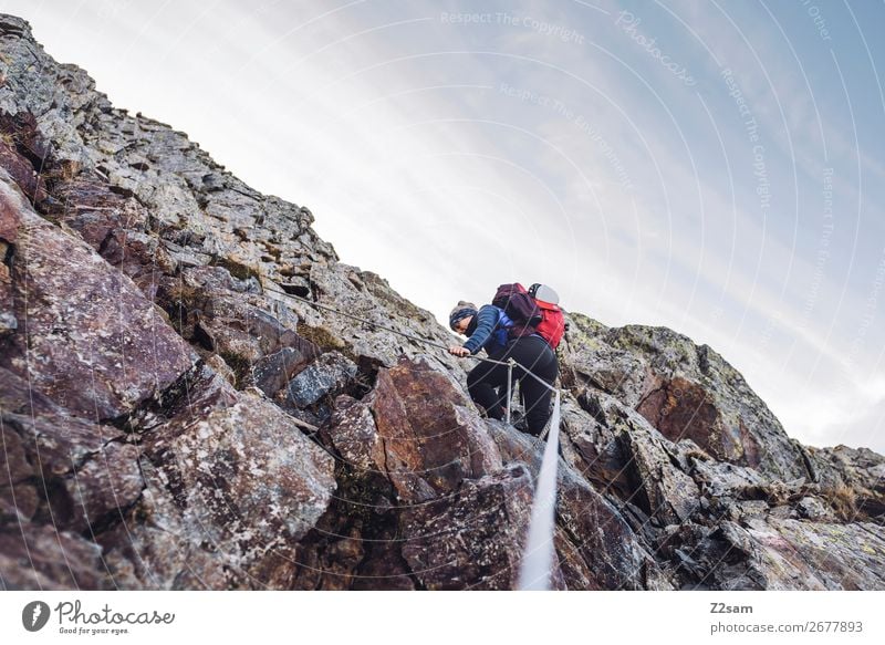 Young woman climbing the summit Freedom Expedition Mountain Hiking Climbing Mountaineering Youth (Young adults) Nature Landscape Summer Beautiful weather Rock