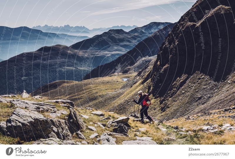 Young woman descending from the summit | Hirzer Südtirol Vacation & Travel Expedition Hiking Climbing Mountaineering Nature Landscape Autumn Beautiful weather