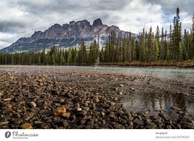 low tide Vacation & Travel Mountain Environment Nature Landscape Plant Elements Sky Clouds Autumn Forest Rock Castle mountains River bank Bow River Adventure