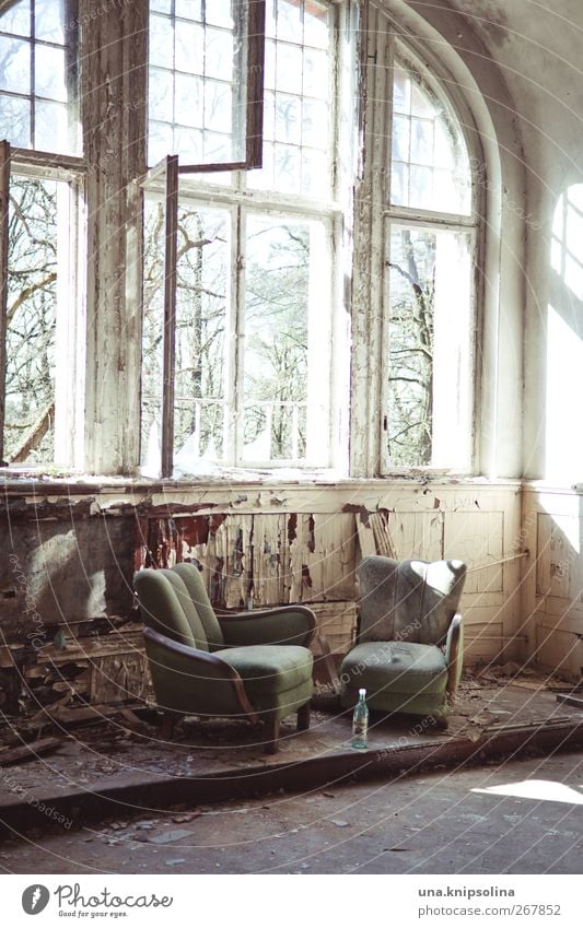 window seat Interior design Furniture Armchair Room Ruin Window Old Exceptional Dirty Broken Decline Past Transience Loneliness Colour photo Subdued colour