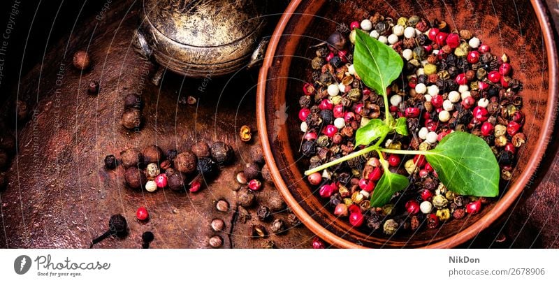 Different kinds of peppercorns. spice mexican ingredient seasoning pea healthy spicy black chili clay bowl vegetable closeup kitchen hot cayenne ripe paprika