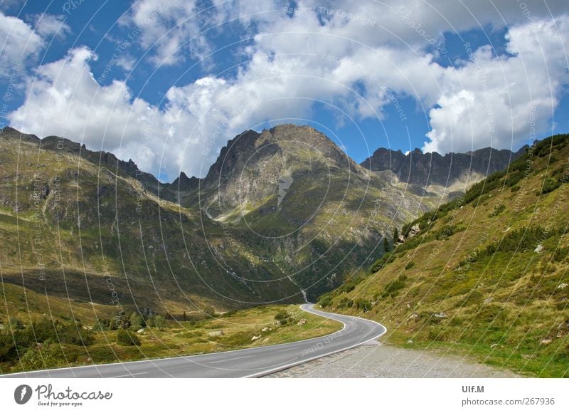 the way I Environment Nature Landscape Elements Sky Clouds Summer Climate Beautiful weather Bushes Alps Mountain Peak Traffic infrastructure Street Overpass