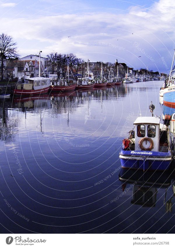 fishing boats Fishing boat Watercraft Fishery Life belt Warnemünde Reflection Sky Harbour Baltic Sea