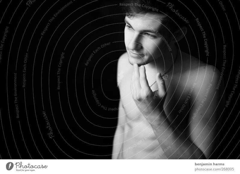 enough? Masculine Young man Youth (Young adults) 1 Human being Touch Think Stand Identity Black & white photo Studio shot Copy Space left Neutral Background