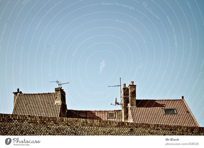 rooftops mountainous France Europe Village House (Residential Structure) Old Blue Brown Roof Chimney Antenna Wall (barrier) Colour photo Exterior shot Deserted