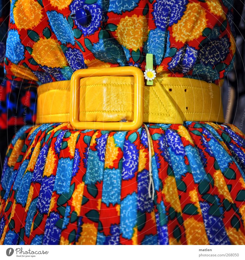 hold their breath... Fashion Dress Cloth Belt Blue Yellow Red Waist Flower Statue Folds Colour photo Multicoloured Interior shot