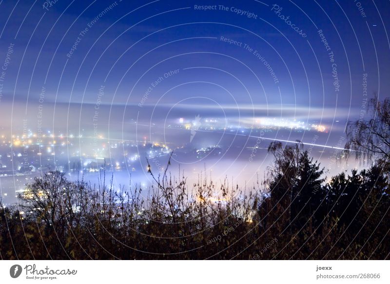 Pale haze Sky Night sky Autumn Bad weather Fog Town Skyline Bright Blue Multicoloured Black Cold Colour photo Exterior shot Evening Artificial light