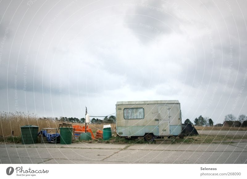 stay in bed Fishing (Angle) Trip Adventure Freedom Trade Environment Nature Sky Clouds Bushes Fishing village Caravan Window Door Trailer Old Dirty Loneliness