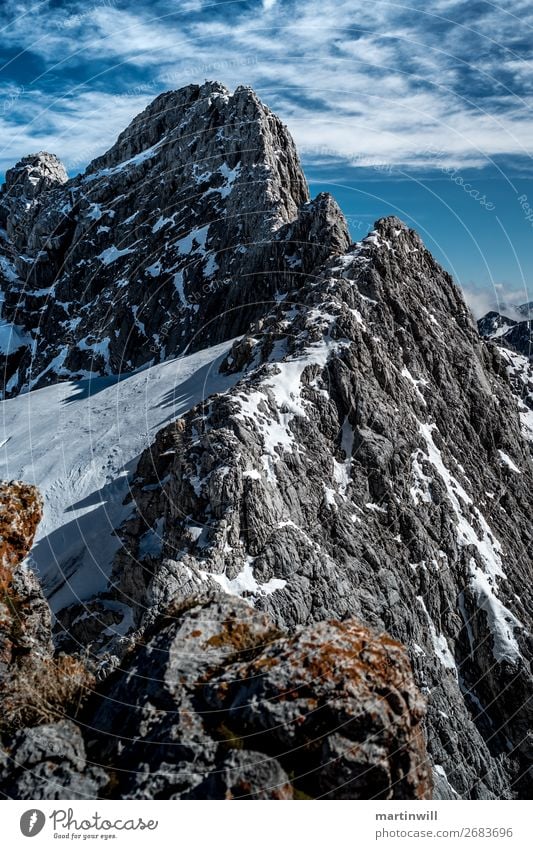 View from the Dachstein onto the mountain ridge to Dirndl (upright) Snow Mountain Hiking Beautiful weather Rock Alps Peak Muscular Strong Power