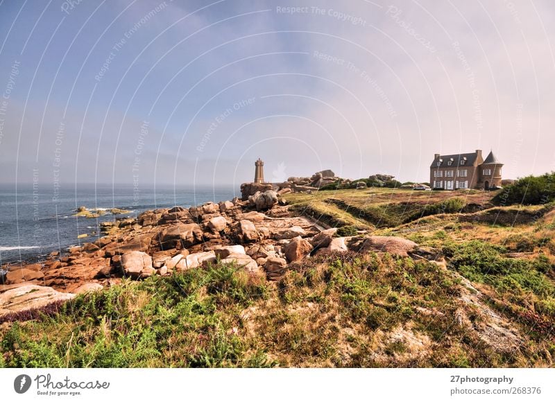 Lighthouse Landscape Earth Air Water Sky Horizon Sunlight Summer Beautiful weather Fog Coast Ocean Brittany Ploumanach France Europe Port City