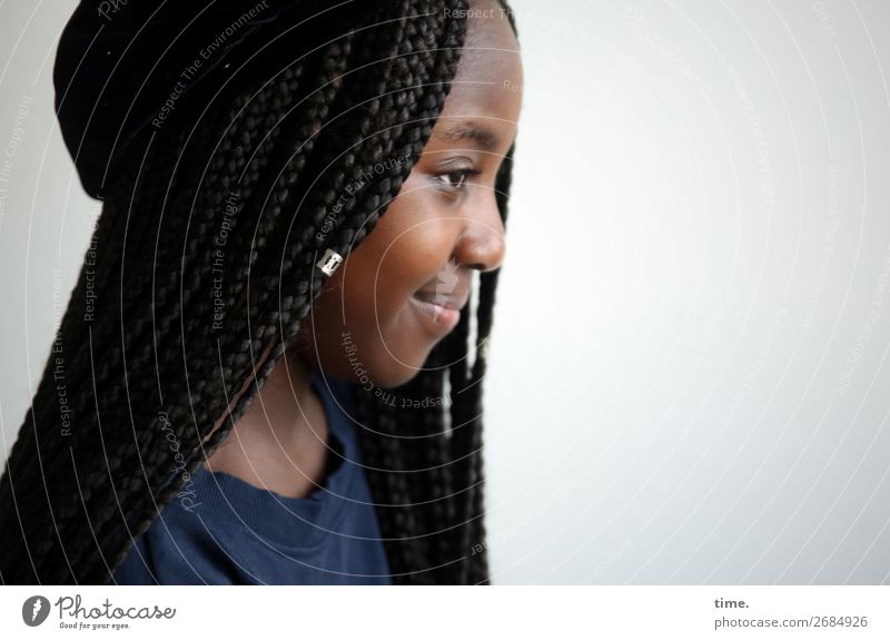 gloria Feminine Girl 1 Human being T-shirt Jewellery Cap Hair and hairstyles Black-haired Long-haired Afro Plaited Observe Smiling Looking Beautiful Warmth