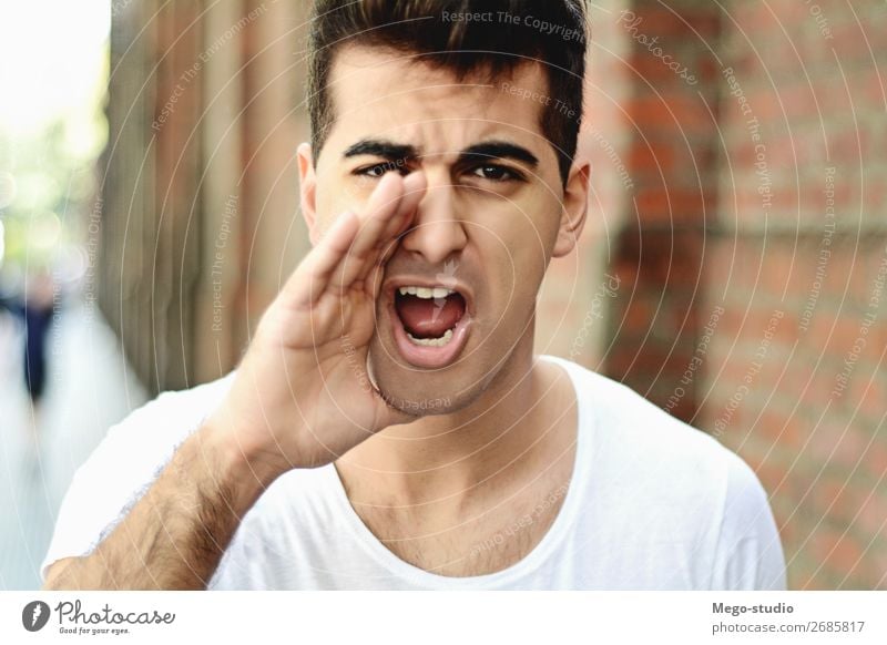 Man shouting at camera. Style Face Summer Camera Human being Boy (child) Adults Mouth Sky Fashion Beard Scream Sadness Modern Anger Stress Latin young Caucasian