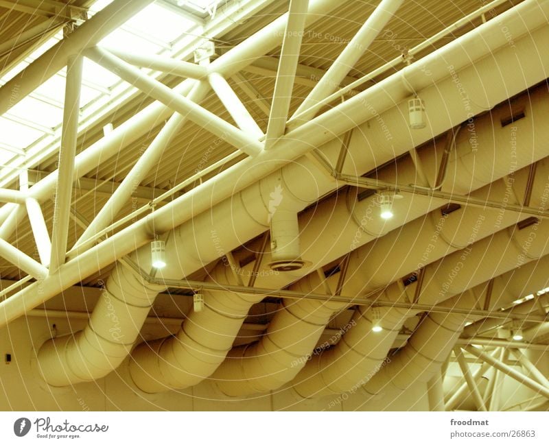 ceiling pipes Exhibition hall Ceiling Lamp Long exposure Diagonal Back-light Light Window Hannover Architecture Cebit 2004 Structures and shapes