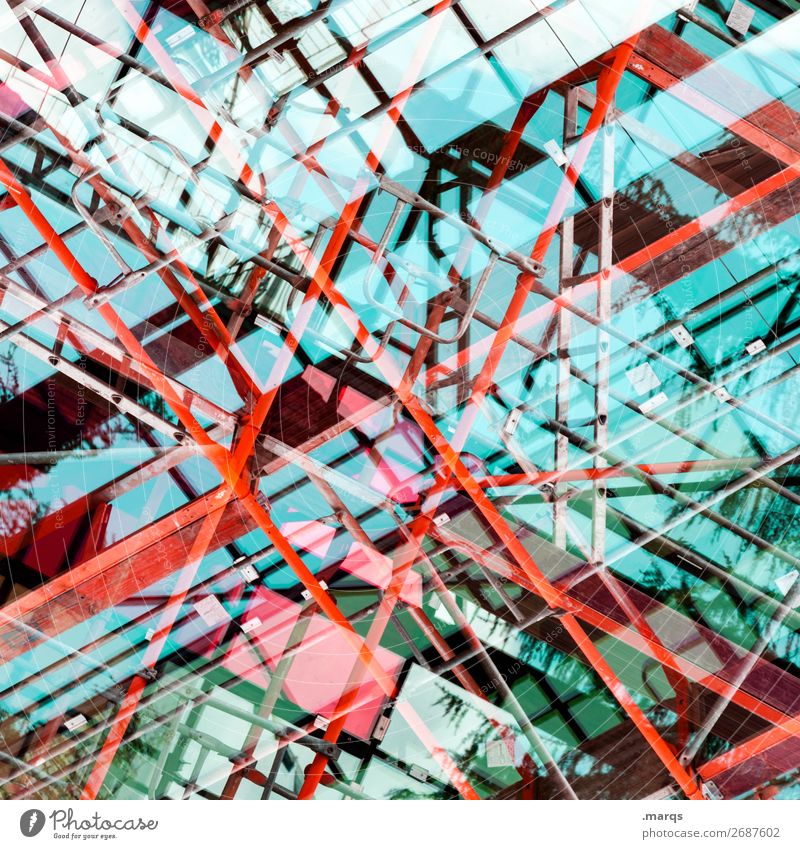 Scaffolding on facade Facade Abstract Line Crazy Structures and shapes Exceptional Double exposure Irritation Red Turquoise Perspective Pattern Modern