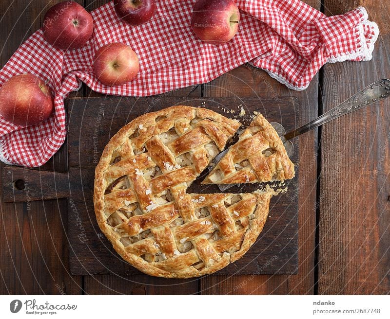 baked traditional fruit cake on a brown wooden board Fruit Apple Cake Dessert Candy Lunch Table Autumn Wood Fresh Delicious Natural Brown Gold White Tradition