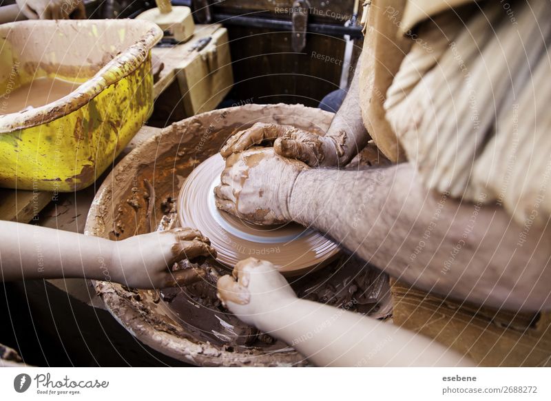 Person working with clay Bowl Pot Handicraft Work and employment Craft (trade) Human being Woman Adults Man Fingers Art Touch Make Dirty Wet Brown Creativity