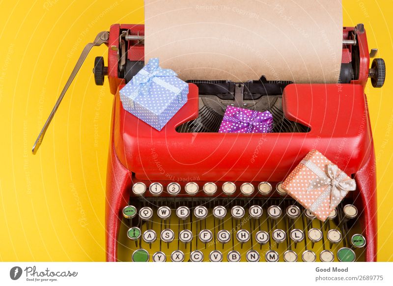 Holidays concept - red typewriter withpaper, gift boxes Feasts & Celebrations Thanksgiving Christmas & Advent Birthday Craft (trade) Business Rope Technology