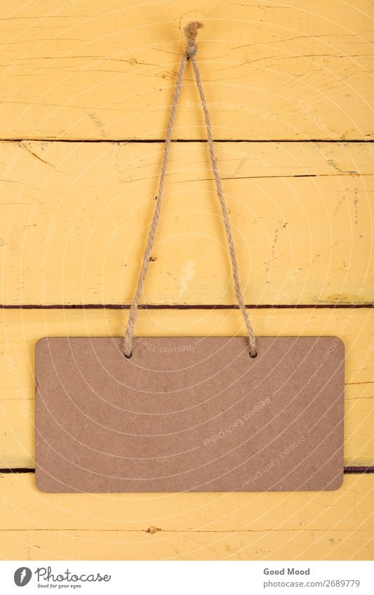 Blank blackboard with copyspace on yellow background Design Table Restaurant Blackboard Rope Wood Signage Warning sign Retro Yellow Advertising announcement