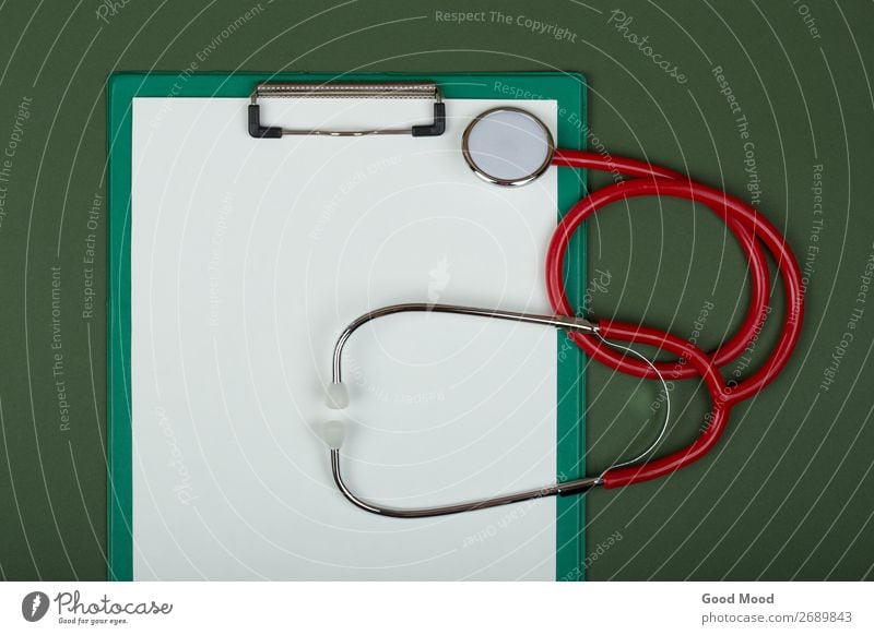 red stethoscope and empty clipboard on green Health care Medical treatment Medication Science & Research Doctor Hospital Tool Paper Metal Heart Listening Green