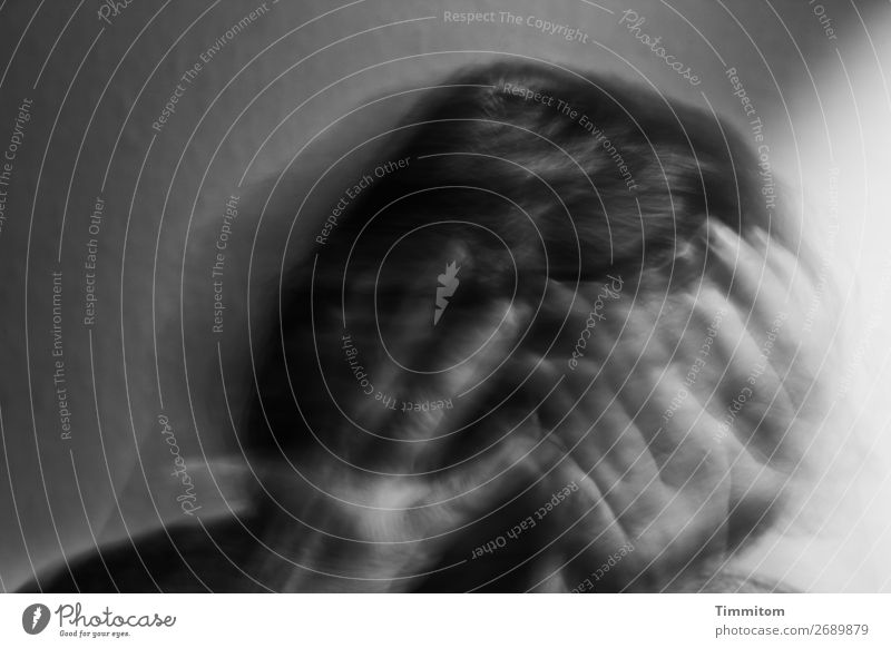 Ash Wednesday? Human being Feminine Head Hair and hairstyles Hand Fingers 1 Gray Black White Emotions Moody Movement Black & white photo Light Shadow Distress