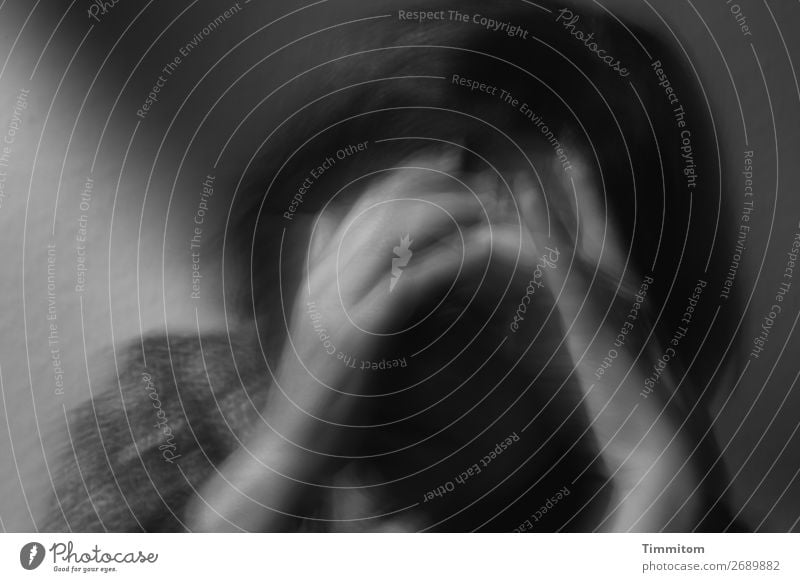 Weltschmerz somehow overcome Human being Woman Adults Hair and hairstyles Hand Fingers 1 Think Sadness Dark Gray Black White Emotions Concern weltschmerz