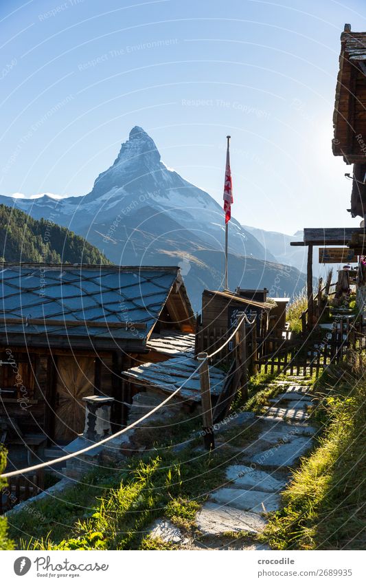 # 766 Switzerland Matterhorn Landmark Mountain Village Hiking Mountain bike trail Lanes & trails Sunset soft light Peak Snowcapped peak Meadow Peaceful Glacier