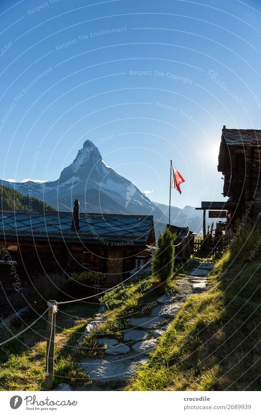 #769 Switzerland Matterhorn Landmark Mountain Village Hiking Mountain bike trail Lanes & trails Sunset soft light Peak Meadow Peaceful Snow Glacier Idyll Flag