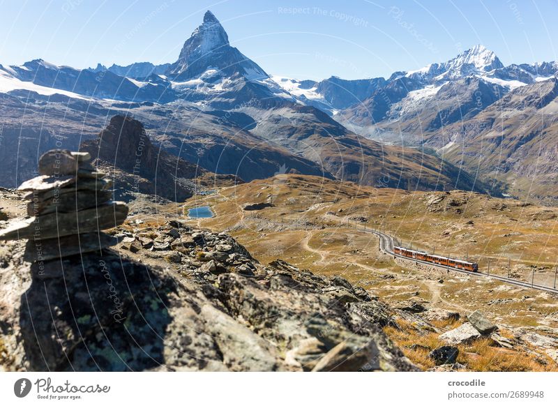 # 770 Switzerland Matterhorn Landmark Mountain Village Hiking Mountain bike trail Lanes & trails Colour photo soft light Peak Meadow Peaceful Snow Glacier Idyll