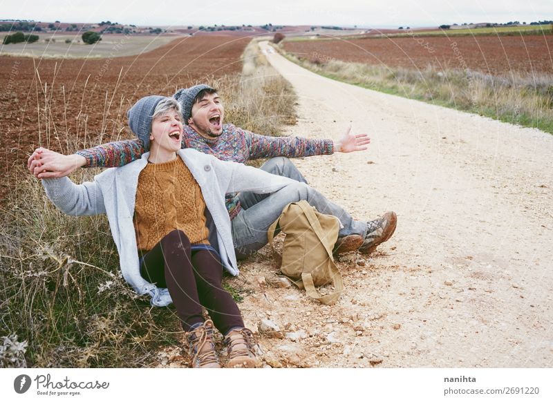 Couple of young hugging and shouting Lifestyle Happy Beautiful Wellness Well-being Leisure and hobbies Vacation & Travel Trip Adventure Freedom Human being