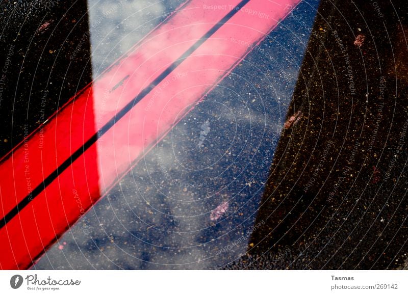 The Red Stripes Water Industrial plant Building Apocalyptic sentiment Asphalt Colour photo Exterior shot Detail Abstract Pattern Structures and shapes Deserted