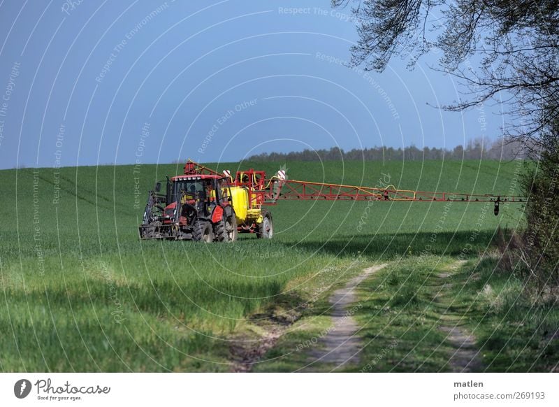 always in the curve Landscape Cloudless sky Sun Spring Beautiful weather Grass Field Rush hour Tractor Driving Blue Green Red Manure Wayside Outrigger