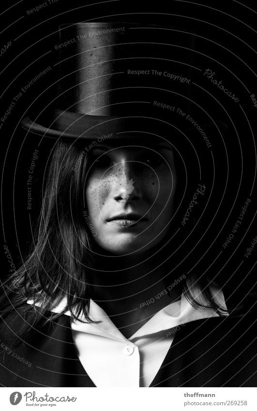 black Eyes Blouse Evil that Dark Earnest Woman Dangerous Bright Shirt Creepy Hat Contrast Headwear Collar Long-haired Might Magic Magician Portrait photograph