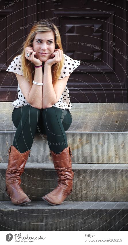 Sitting, Waiting, Wishing Feminine Young woman Youth (Young adults) 1 Human being 18 - 30 years Adults Dream Colour photo Exterior shot Day Central perspective