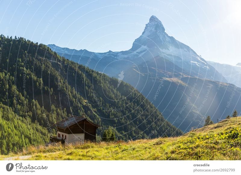 # 778 Switzerland Matterhorn Landmark Mountain Village Hiking Mountain bike trail Lanes & trails Sunset soft light Peak Snowcapped peak Meadow Peaceful Glacier