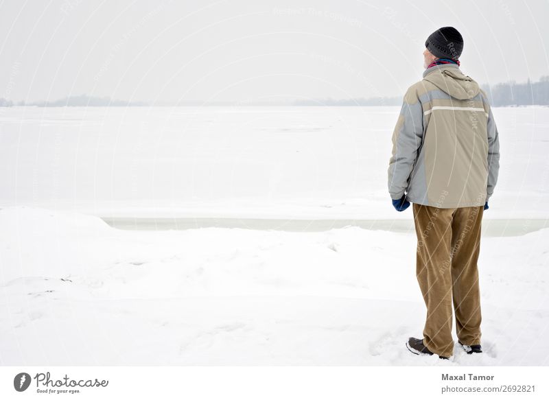 Man Close to the Frozen River in Winter Snow Human being Adults Nature Landscape Tree Pants Jacket Coat Old Observe Natural Gray Emotions Dnieper Kiev Ukraine