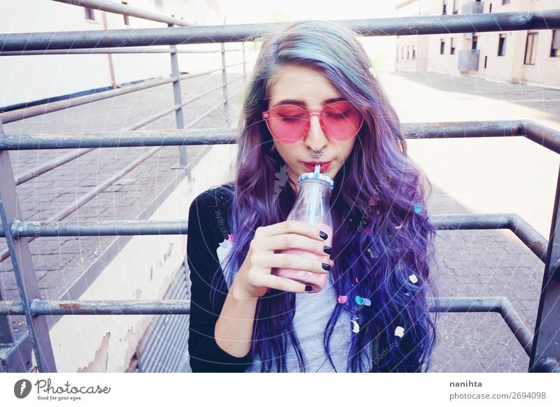 Happy beautiful teen with pink sunglasses Beverage Drinking Cold drink Bottle Lifestyle Style Beautiful Senses Summer Human being Feminine Young woman