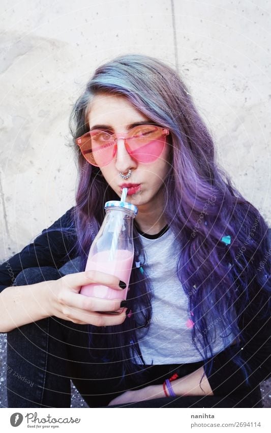 Happy beautiful teen with pink sunglasses Beverage Bottle Lifestyle Style Beautiful Summer Human being Feminine Young woman Youth (Young adults) Woman Adults 1