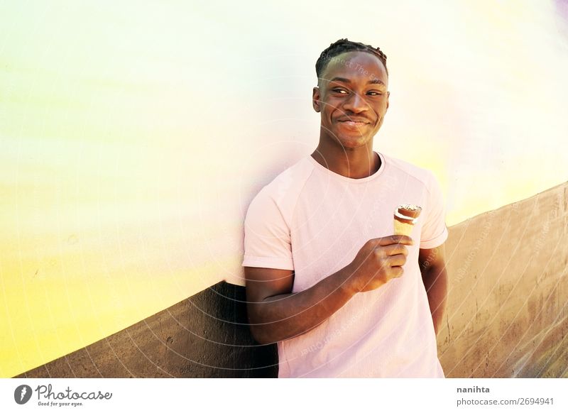 Young handsome man holding an ice cream Ice cream Style Happy Summer Sunbathing Human being Young man Youth (Young adults) Man Adults T-shirt Shirt Moustache