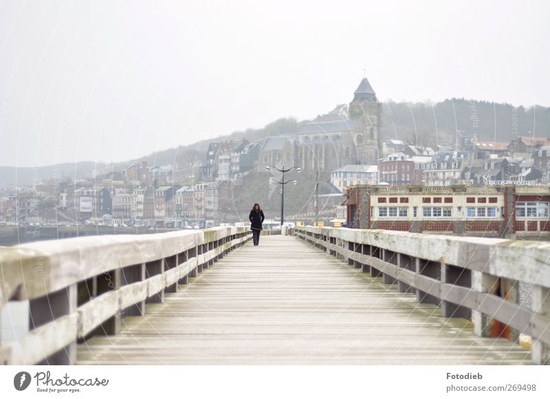 lone walk Ocean 1 Human being Fog Bridge Loneliness Subdued colour Exterior shot Copy Space top Day Silhouette Deep depth of field Central perspective Long shot