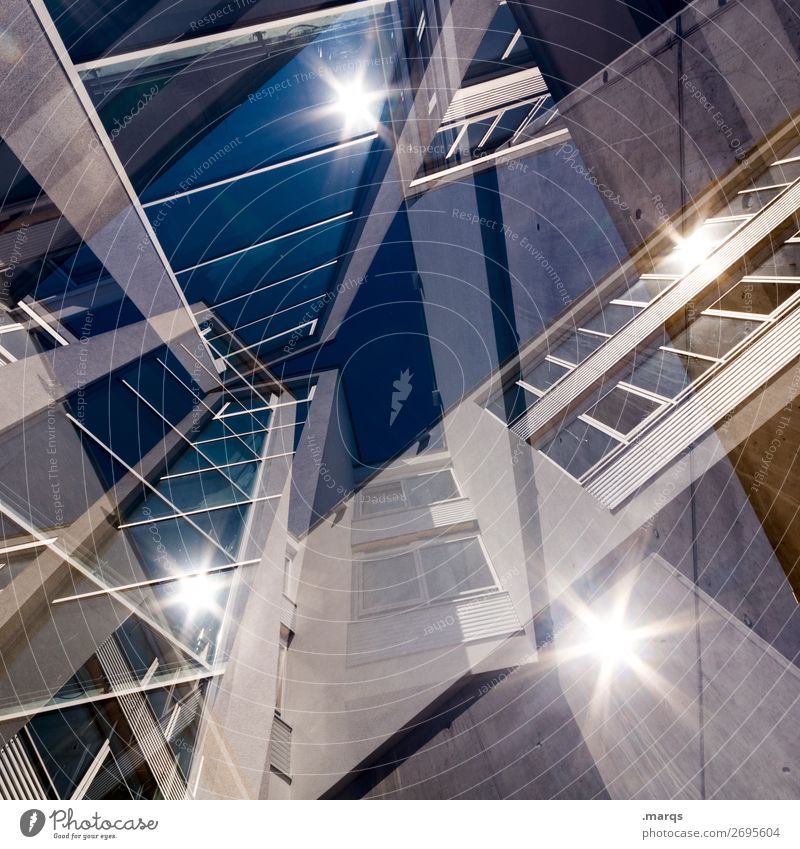 4****-office building abstract Sunbeam multiple exposure Abstract Office building Facade Window Worm's-eye view Ambitious Above Future Cloudless sky reflection