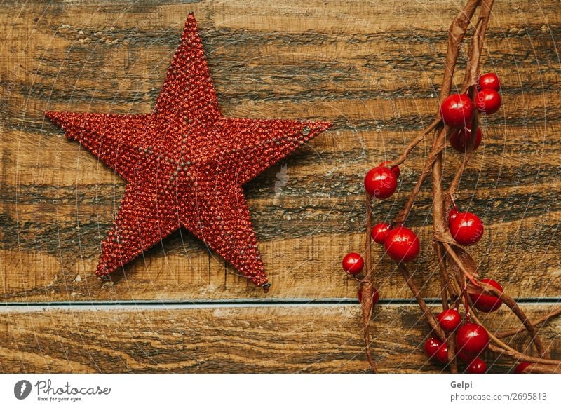 Red Christmas star with branch of berries Fruit Design Joy Happy Beautiful Winter Decoration Feasts & Celebrations Christmas & Advent Ornament Sphere Glittering