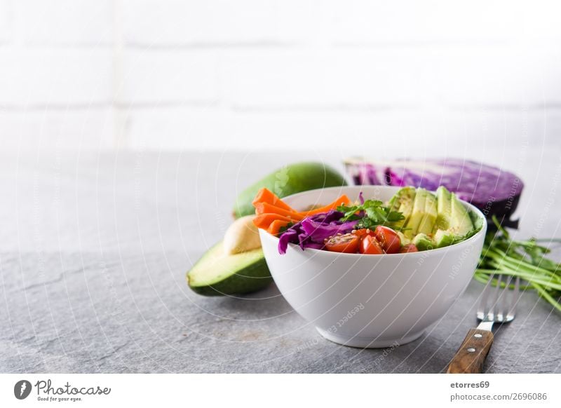 Vegan Buddha bowl with fresh raw vegetables and quinoa Bowl Vegetable Avocado Onion Tomato Carrot Cabbage Healthy Eating Food photograph Raw Vegan diet Fresh