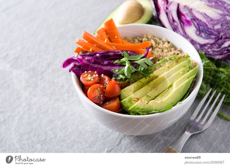 Vegan Buddha bowl with fresh raw vegetables and quinoa Bowl Vegetable Avocado Onion Tomato Carrot Cabbage Healthy Eating Food photograph Raw Vegan diet Fresh