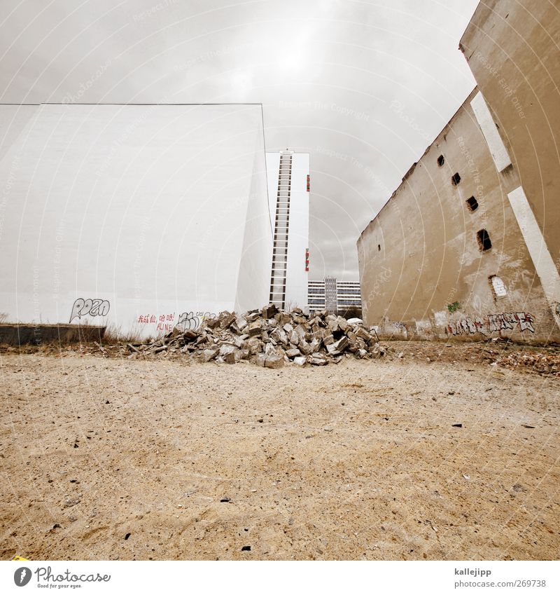 double trouble Town House (Residential Structure) Ruin Build Construction site Building for demolition Dismantling Old New White Sand Earth Berlin Clouds