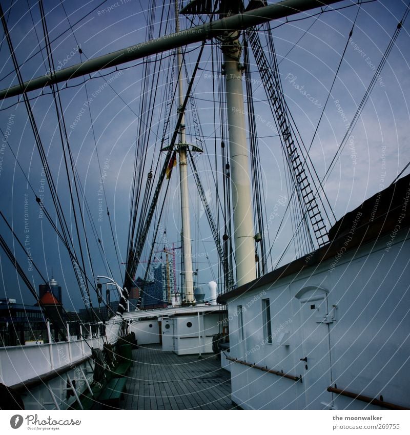 all in lot on the boat Hamburg Federal eagle Europe Port City Navigation Boating trip Passenger ship Sailing ship Harbour Rope On board Blue Gray Black White