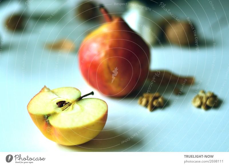 Still with half apple, pear, walnuts Fruit Apple Nutrition Organic produce Vegetarian diet Healthy Healthy Eating Fitness Wellness Life Harmonious Well-being