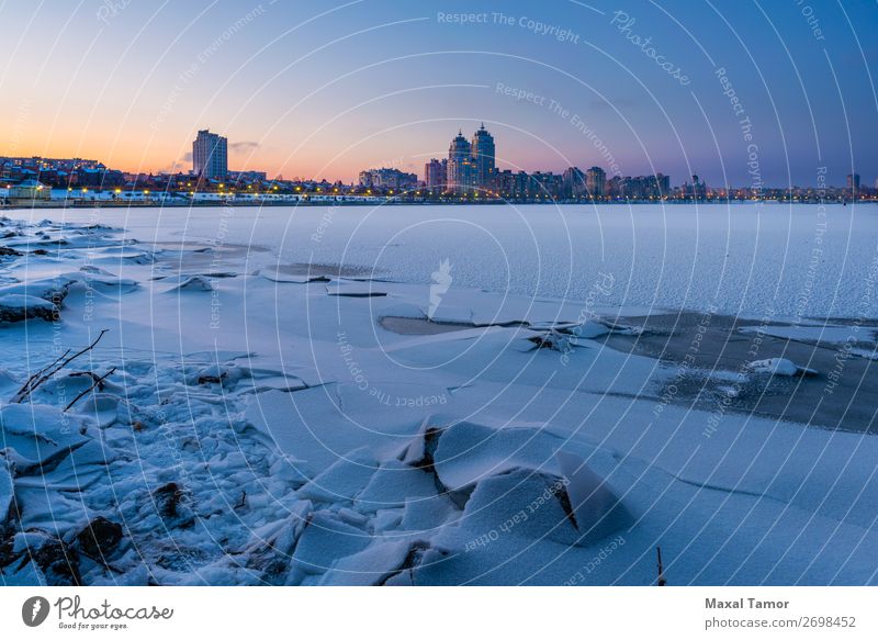 Winter Night Cityscape close to the Dnieper River in Kiev Vacation & Travel Snow Town Building Architecture Blue Peace Kyiv Ukraine calm cityscape cold Dusk