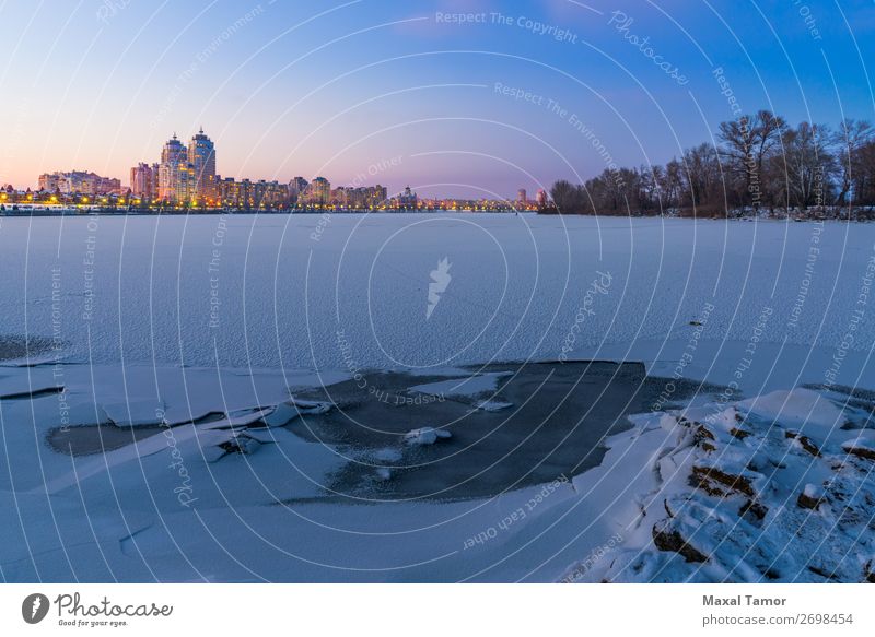 Winter Night Cityscape close to the Dnieper River in Kiev Vacation & Travel Snow Tree Town Building Architecture Blue Peace Kyiv Ukraine calm cityscape cold